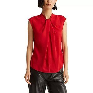 Ralph Lauren Women's Red Georgette Short Sleeve Blouse Work Top Flowy Shirt Chic
